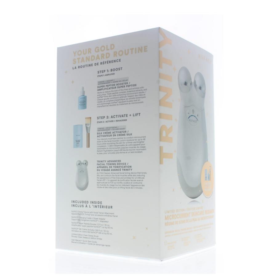 NuFACE Trinity Limited-Edition Microcurrent Skincare Regimen Kit(Includes: Device With Facial Trainer Attachment Charging Cradle+Power Adapter Super Peptide Booster 1oz/30ml Silk Creme Activator 1.69oz/50ml Limited Edition Clean Sweep Brush)