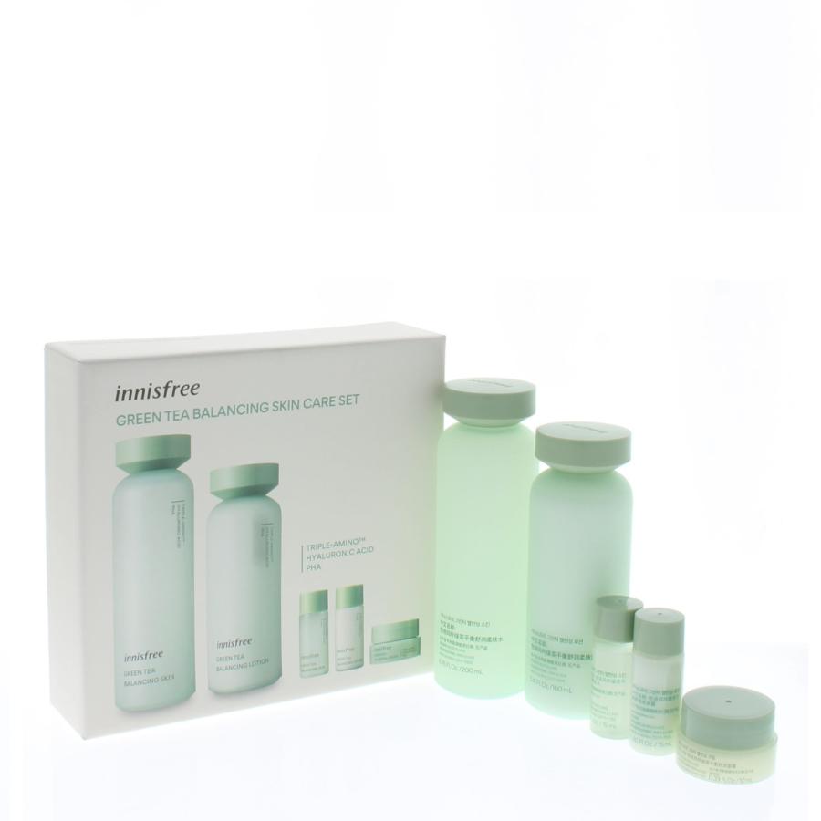 Innisfree Green Tea Balancing Skin Care 5 Piece Set (Green Tea Balancing Skin 200ml Green Tea Balancing Lotion 160ml Green Tea Balancing Skin 15ml Green Tea Balancing Lotion 15ml Green Tea Balancing Cream 10ml)