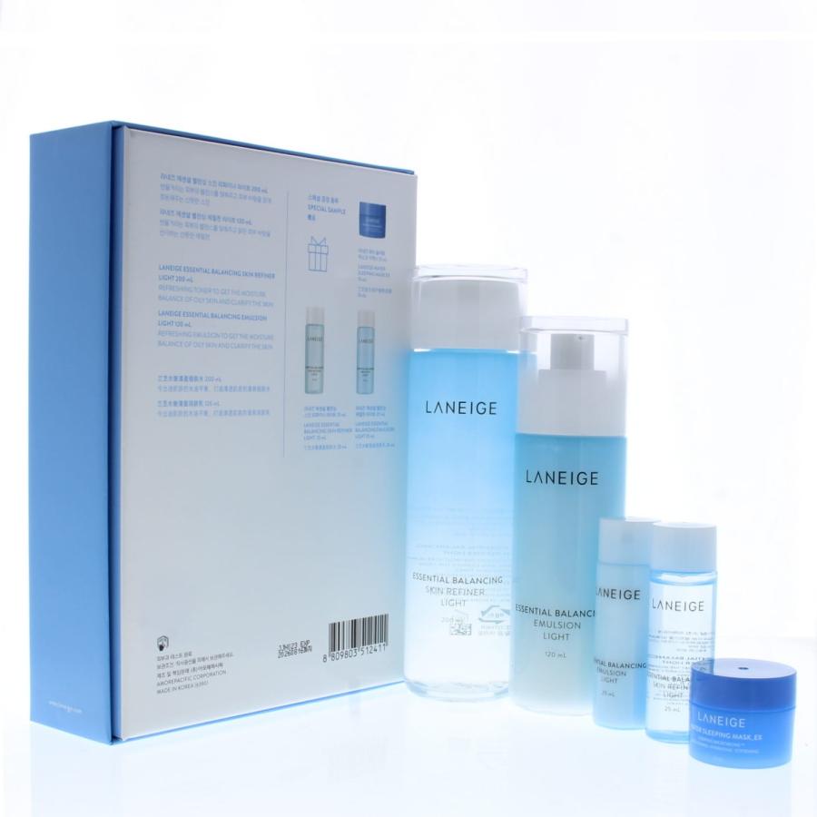 Laneige Basic Duo Set Light (Set Includes: Essentialbalancing Skin Refiner Light 200ml Essentail Balancing Emulsion Light 120ml Water Bank Hydro Cream Ex 10ml Water Sleeping Mask 15ml Water Bank Hydro Essence 5ml)