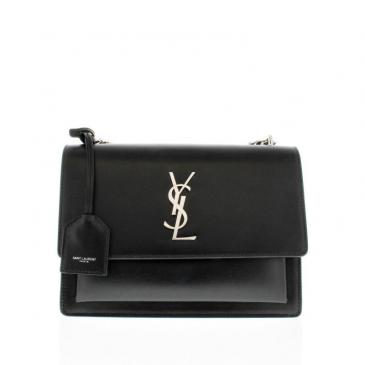YSL Sunset Medium Chain Bag In Smooth Leather Nior/Silver
